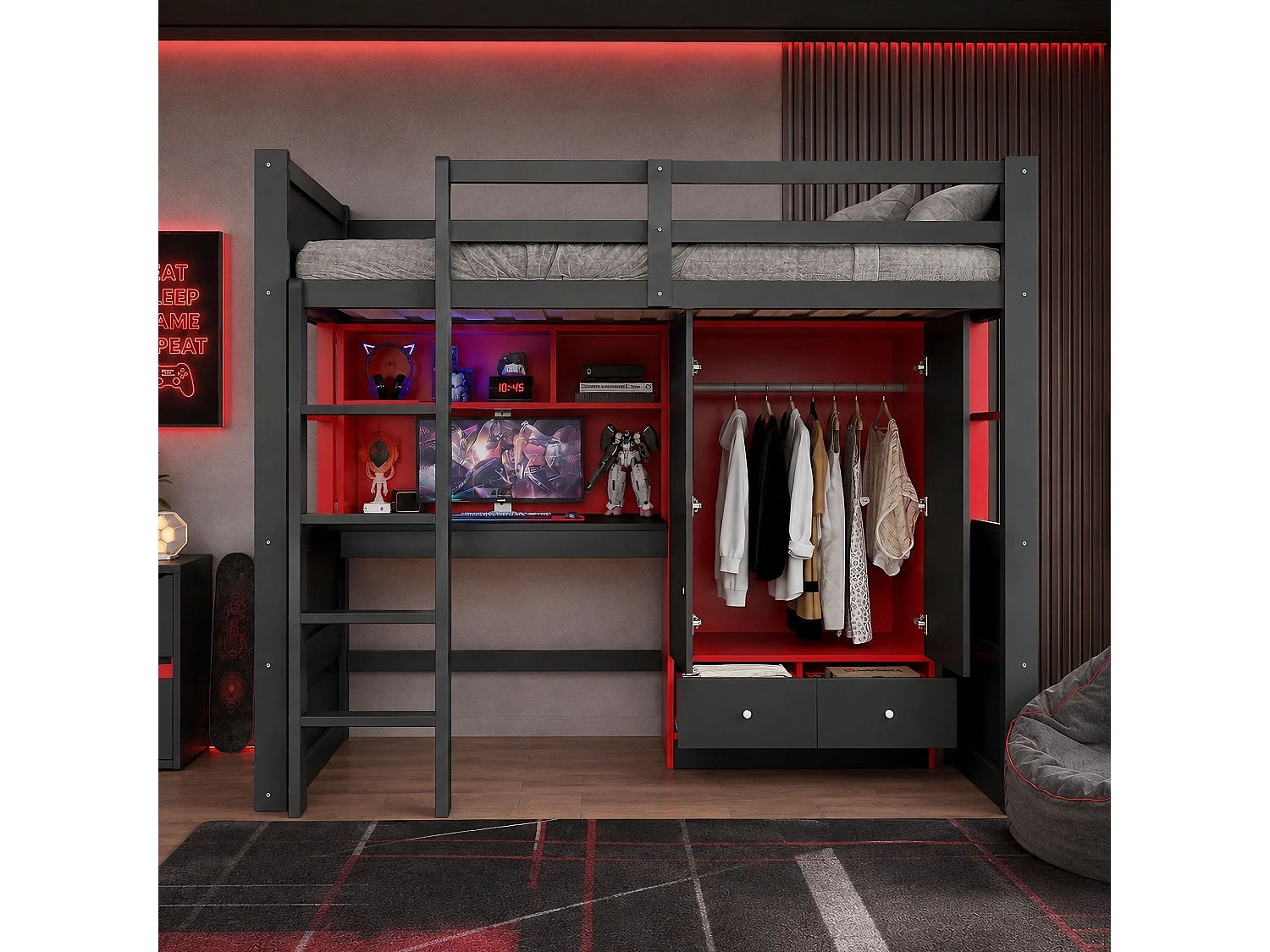 Lit mezzanine 90 x 200 cm - avec échelle - avec table - avec armoire + 2 tiroirs - noir (matelas non inclus)