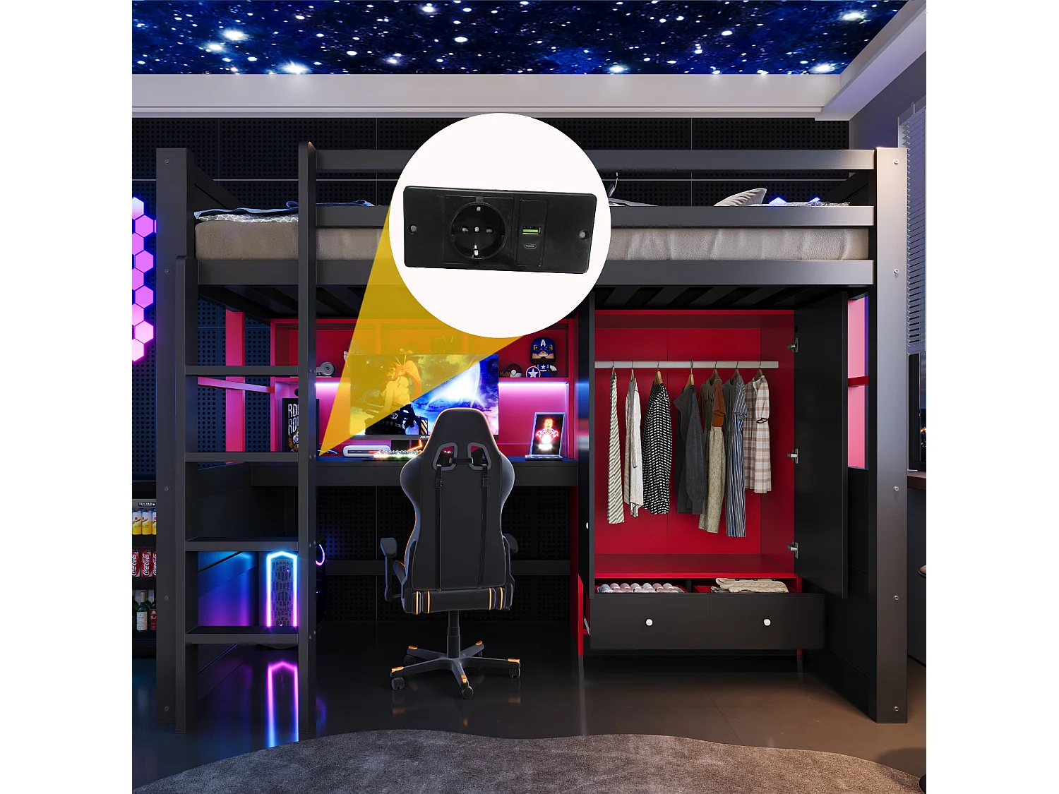 Lit mezzanine 90 x 200 cm - avec échelle - avec table - avec armoire + 2 tiroirs - noir (matelas non inclus)