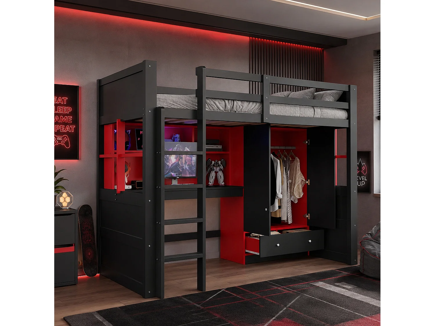 Lit mezzanine 90 x 200 cm - avec échelle - avec table - avec armoire + 2 tiroirs - noir (matelas non inclus)
