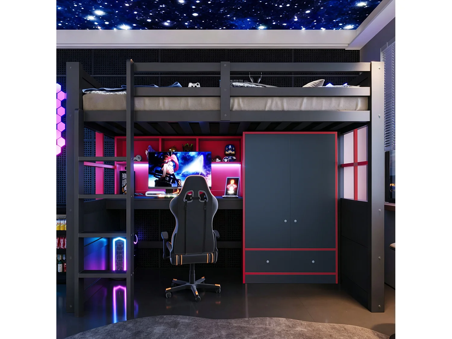 Lit mezzanine 90 x 200 cm - avec échelle - avec table - avec armoire + 2 tiroirs - noir (matelas non inclus)