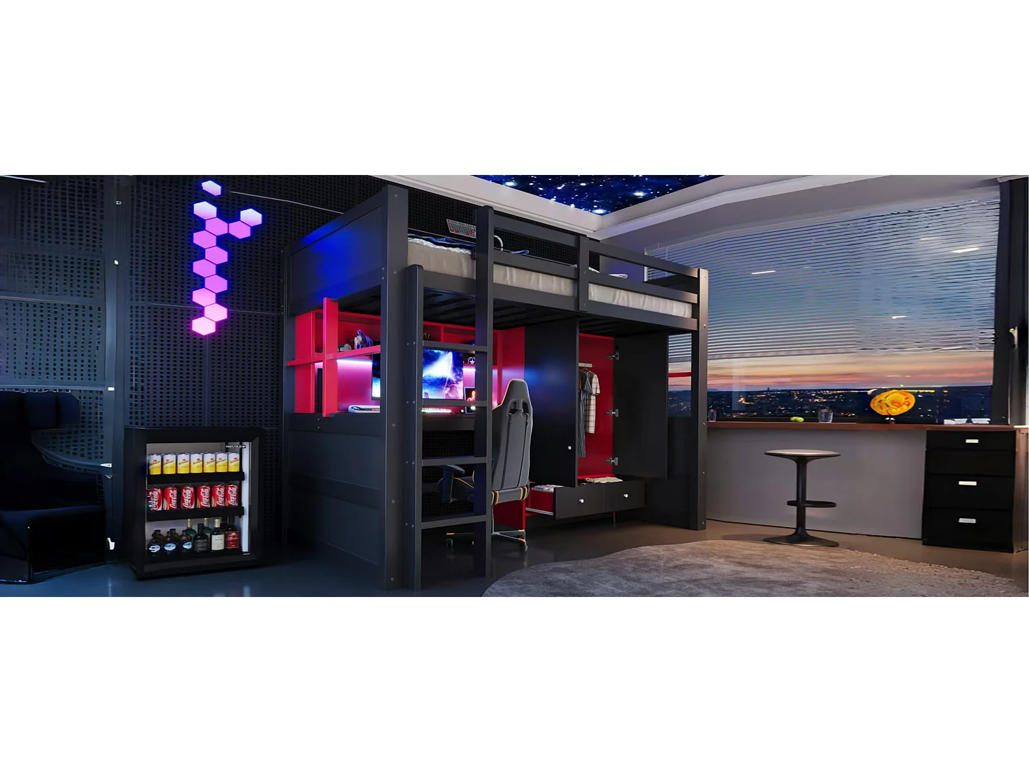 Lit mezzanine 90 x 200 cm - avec échelle - avec table - avec armoire + 2 tiroirs - noir (matelas non inclus)