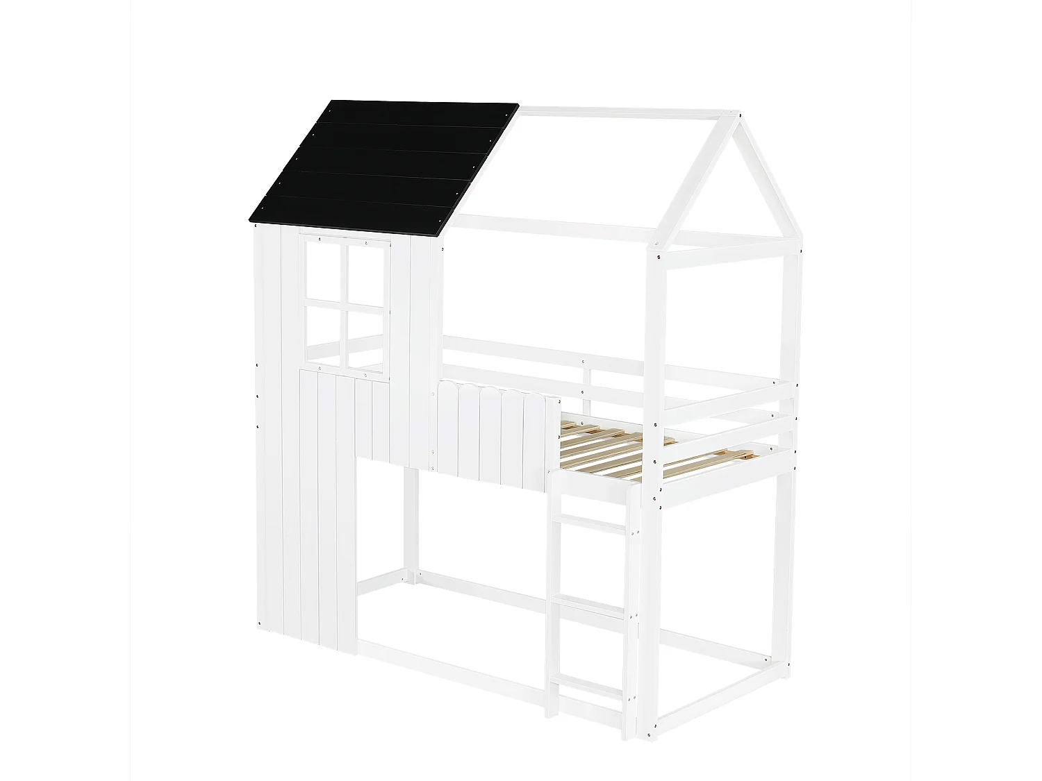 Lit mezzanine enfant 90x200 cm - avec échelle - conception des garde-corps et des fenêtres - bois massif + MDF - blanc (sans matelas)