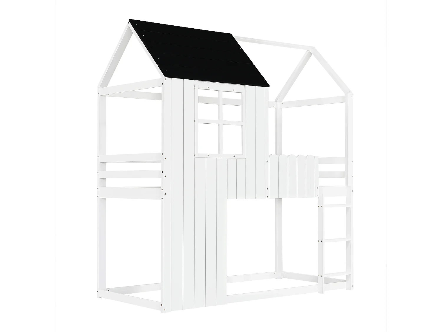 Lit mezzanine enfant 90x200 cm - avec échelle - conception des garde-corps et des fenêtres - bois massif + MDF - blanc (sans matelas)