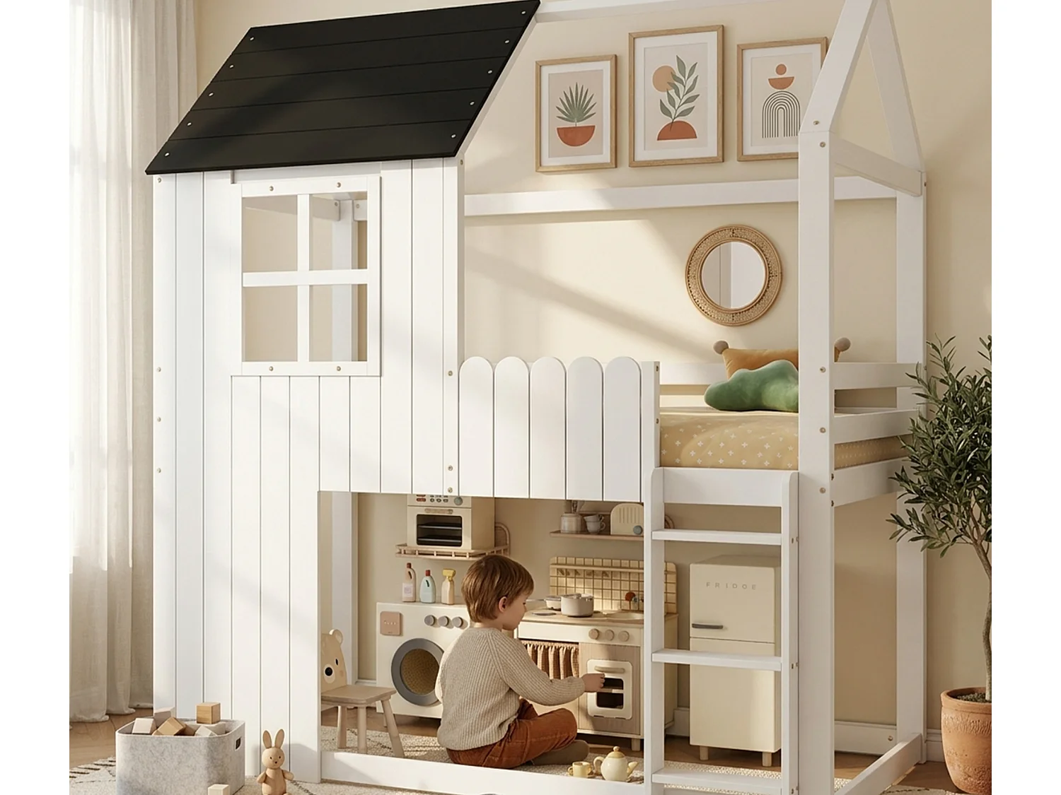 Lit mezzanine enfant 90x200 cm - avec échelle - conception des garde-corps et des fenêtres - bois massif + MDF - blanc (sans matelas)