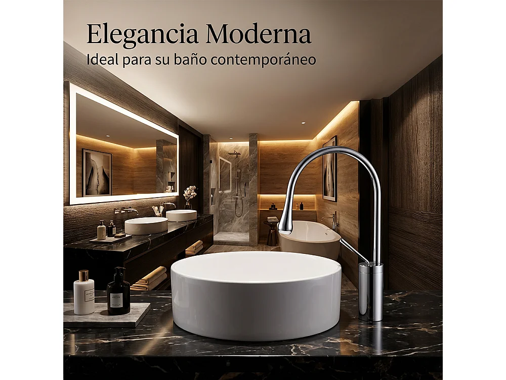 Robinet de salle de bain mitigeur lavabo demi-haut rotation 360 degrés moderne cygne Chrome