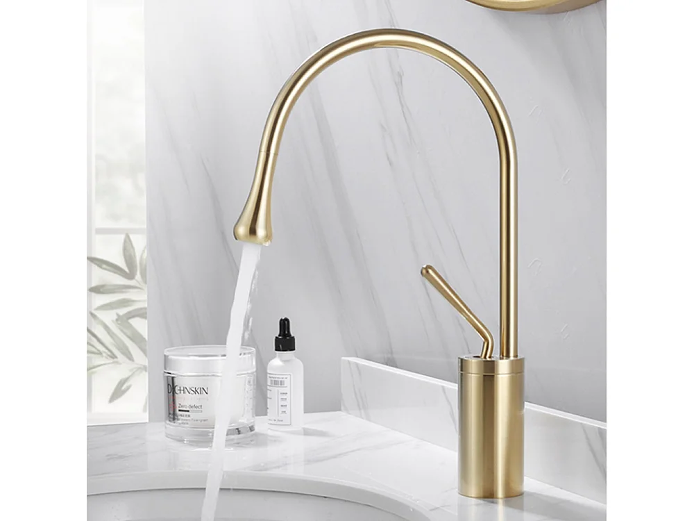 Robinet de salle de bain mitigeur lavabo demi-haut rotation 360 degrés moderne cygne doré