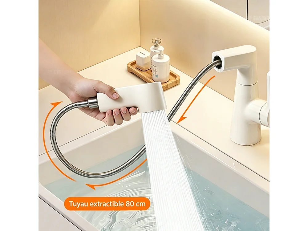 Robinet de salle de bain mitigeur lavabo 2 mode extensible réglable en hauteur Beige