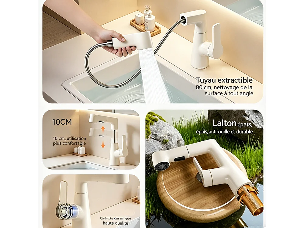 Robinet de salle de bain mitigeur lavabo 2 mode extensible réglable en hauteur Beige