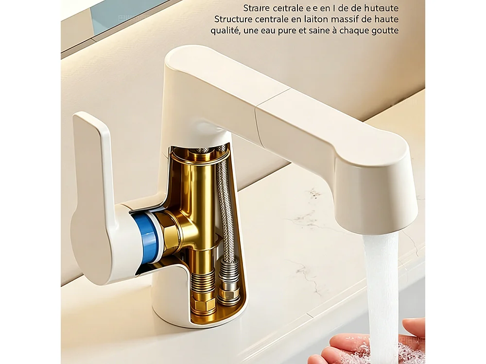 Robinet de salle de bain mitigeur lavabo 2 mode extensible réglable en hauteur Beige