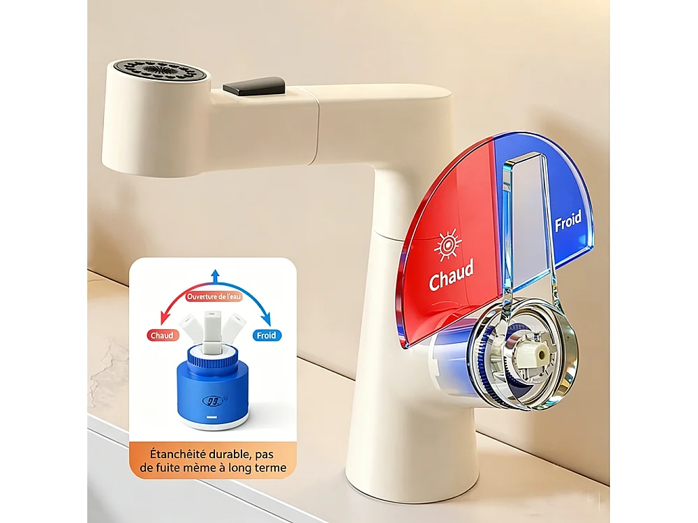 Robinet de salle de bain mitigeur lavabo 2 mode extensible réglable en hauteur Beige