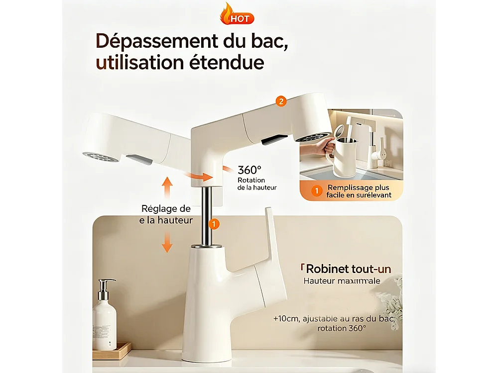 Robinet de salle de bain mitigeur lavabo 2 mode extensible réglable en hauteur Beige