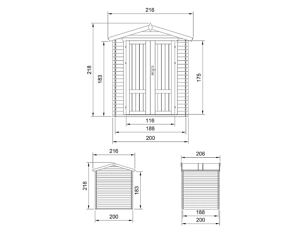 Holz Gartenhaus - 206x216xH218 cm - 3.53 m² - M343F1
