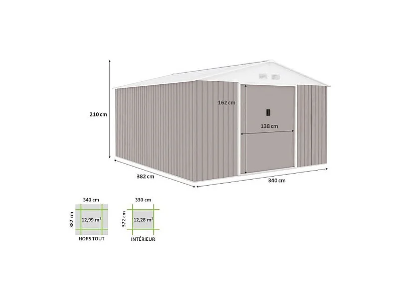 Abri de jardin en métal 12,28 m² - Kit d'ancrage inclus - Taupe