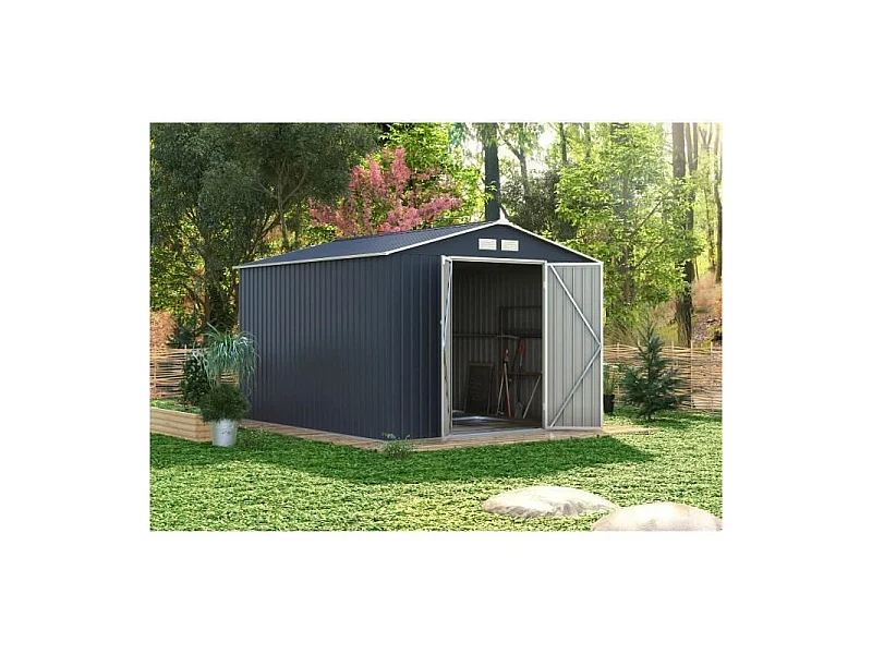 Gartenhaus aus Metall, 8,84 m² – 277 x 319 x 202 cm – Verankerungsset inklusive – Grau