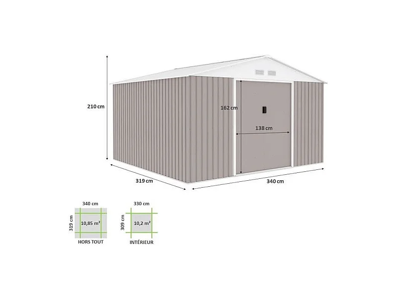 Abri de jardin en métal 10,2 m² - Kit d'ancrage inclus - Taupe