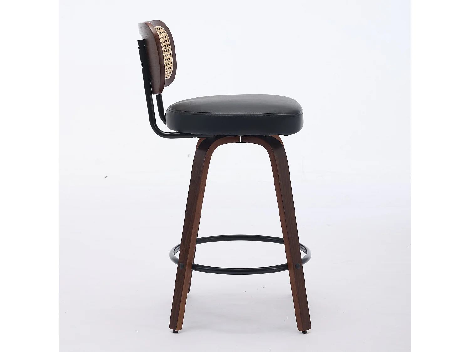 Lot de 3 tabourets de bar pivotant avec assise PU noir et dossier en canne