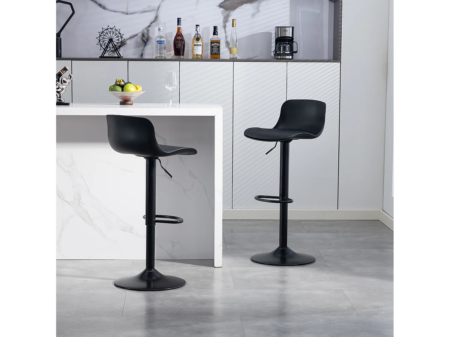 Lot de 2 tabourets de bar pivotants noir réglables hauteur - Dossier en plastique