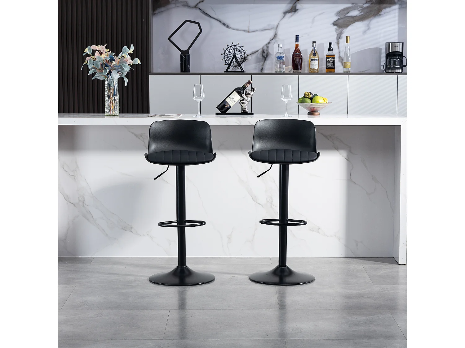 Lot de 2 tabourets de bar pivotants noir réglables hauteur - Dossier en plastique