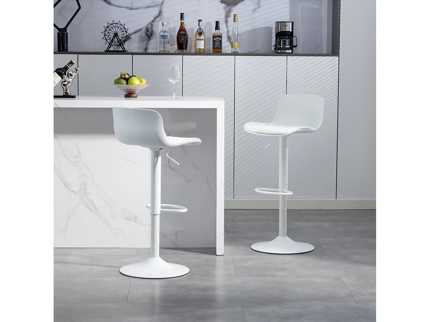 Lot de 2 tabourets de bar blanc pivotants réglables hauteur - Dossier en plastique