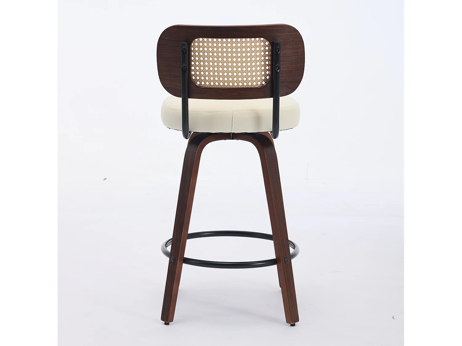 Lot de 2 tabourets de bar pivotant en assise PU beige - Dossier en canne et finitions en noyer