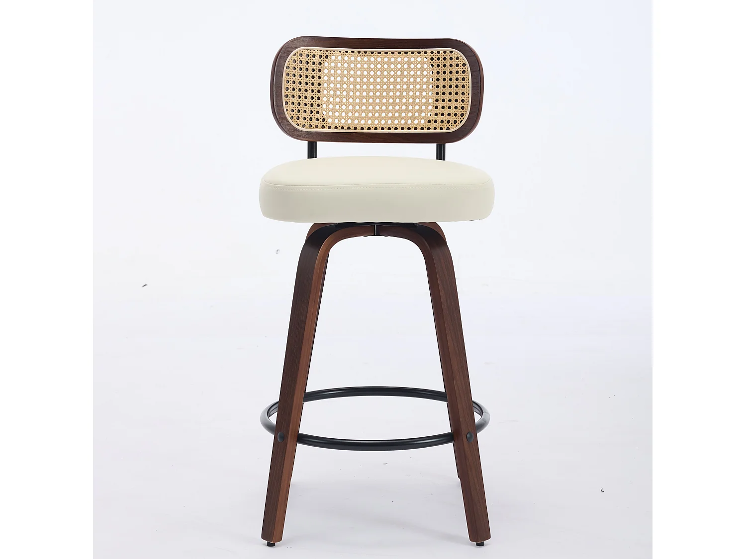 Lot de 3 tabourets de bar pivotant avec assise PU beige et dossier en canne