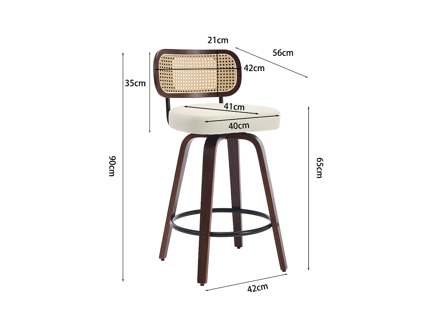 Lot de 3 tabourets de bar pivotant avec assise PU beige et dossier en canne