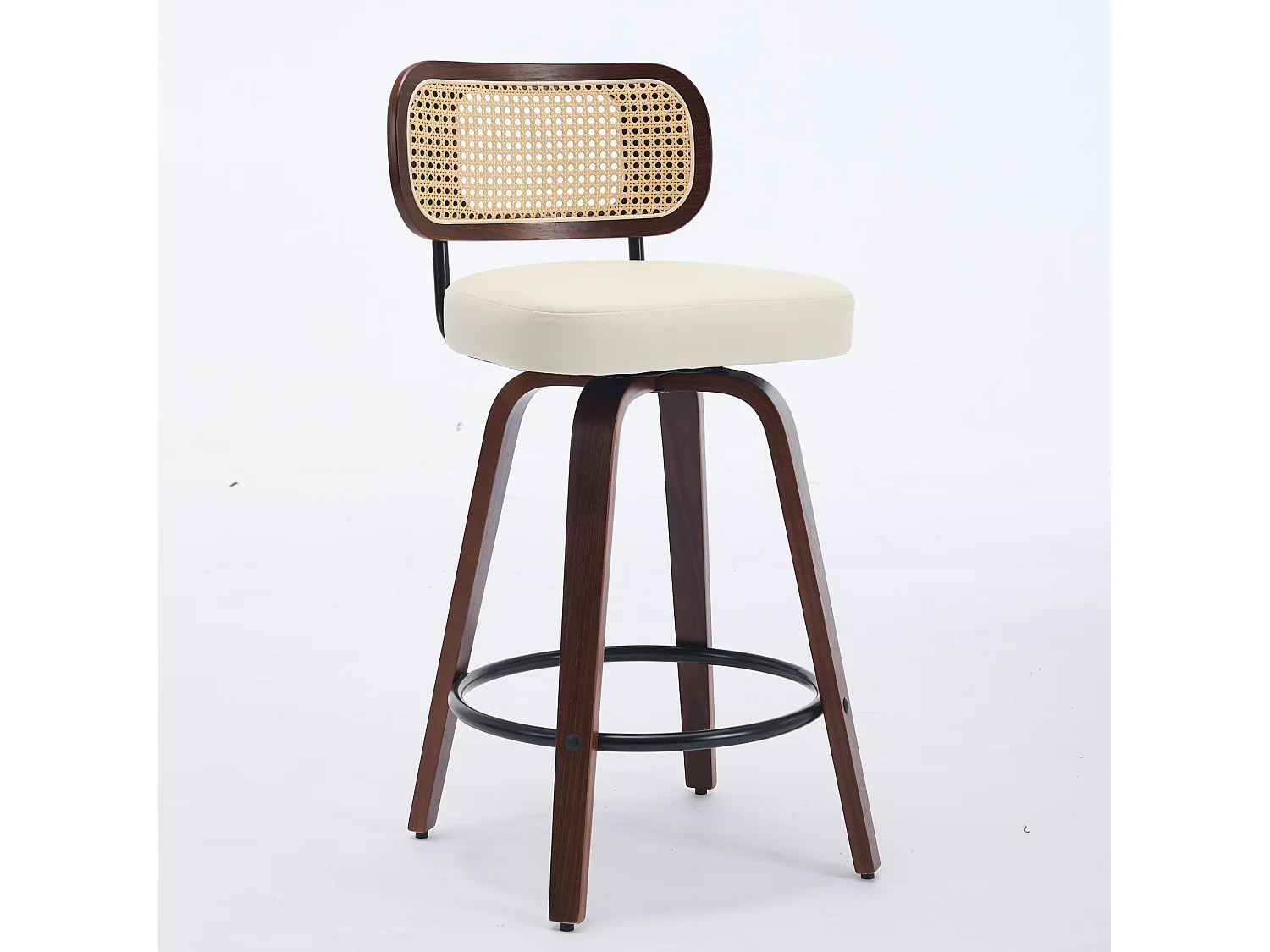 Lot de 3 tabourets de bar pivotant avec assise PU beige et dossier en canne