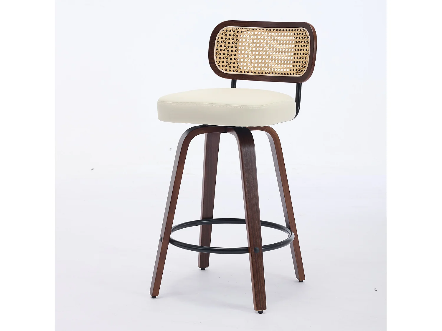 Lot de 3 tabourets de bar pivotant avec assise PU beige et dossier en canne