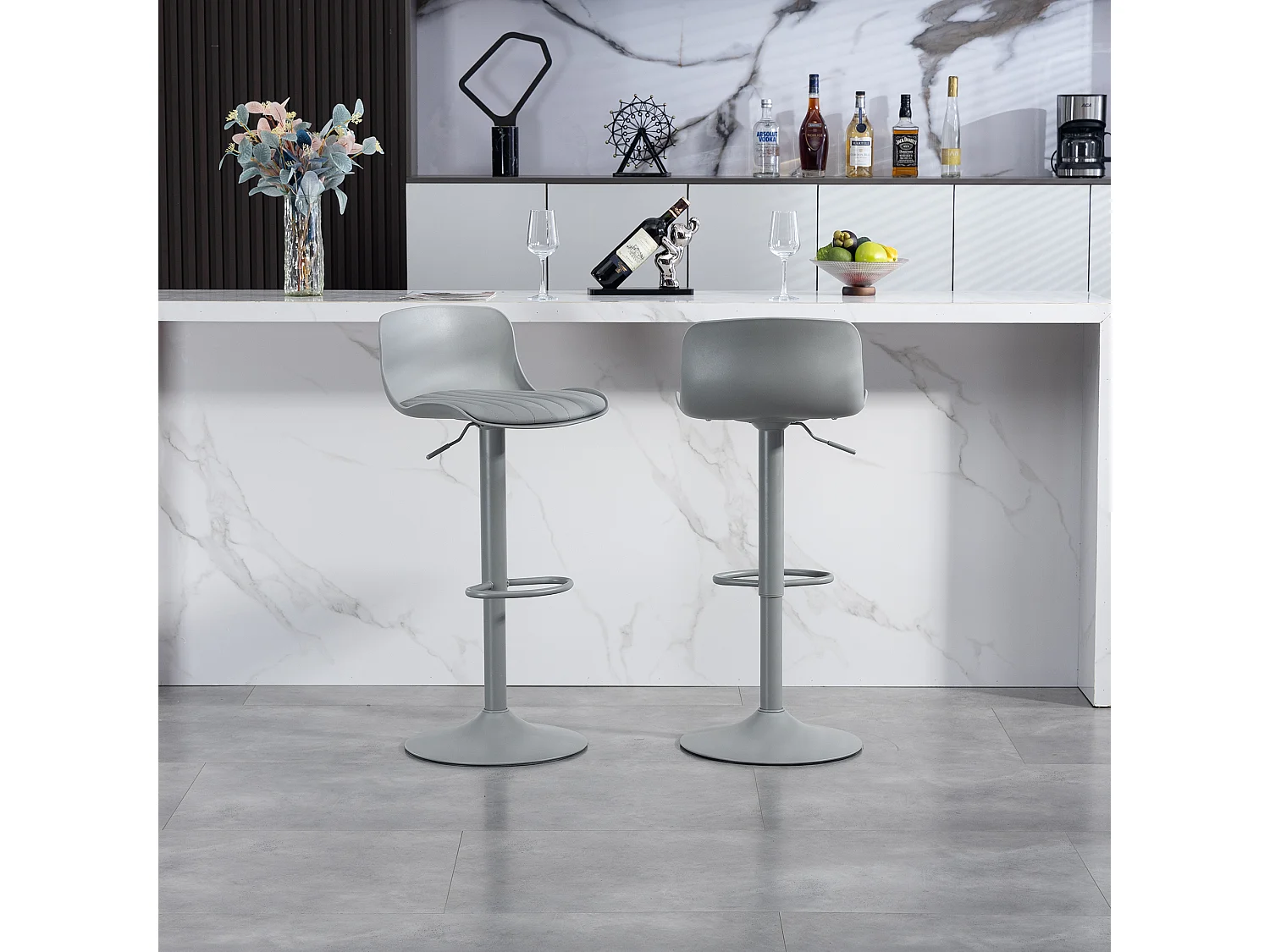 Lot de 2 tabourets de bar gris pivotants réglables hauteur - Dossier en plastique
