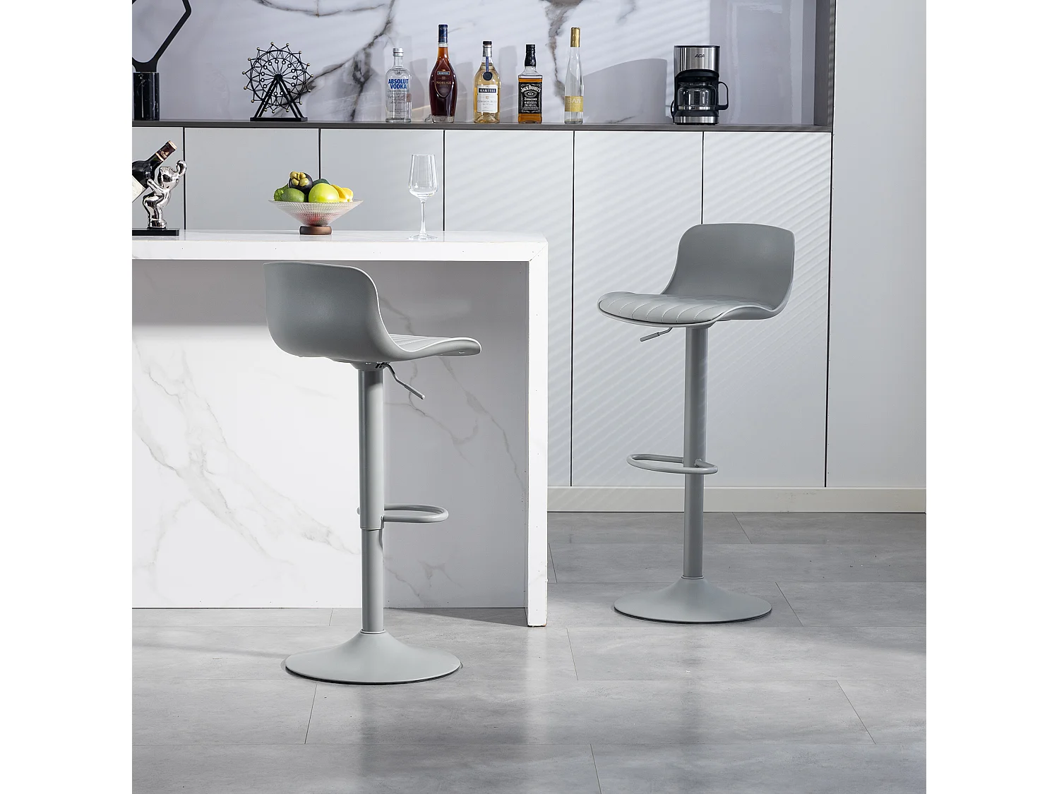 Lot de 2 tabourets de bar gris pivotants réglables hauteur - Dossier en plastique