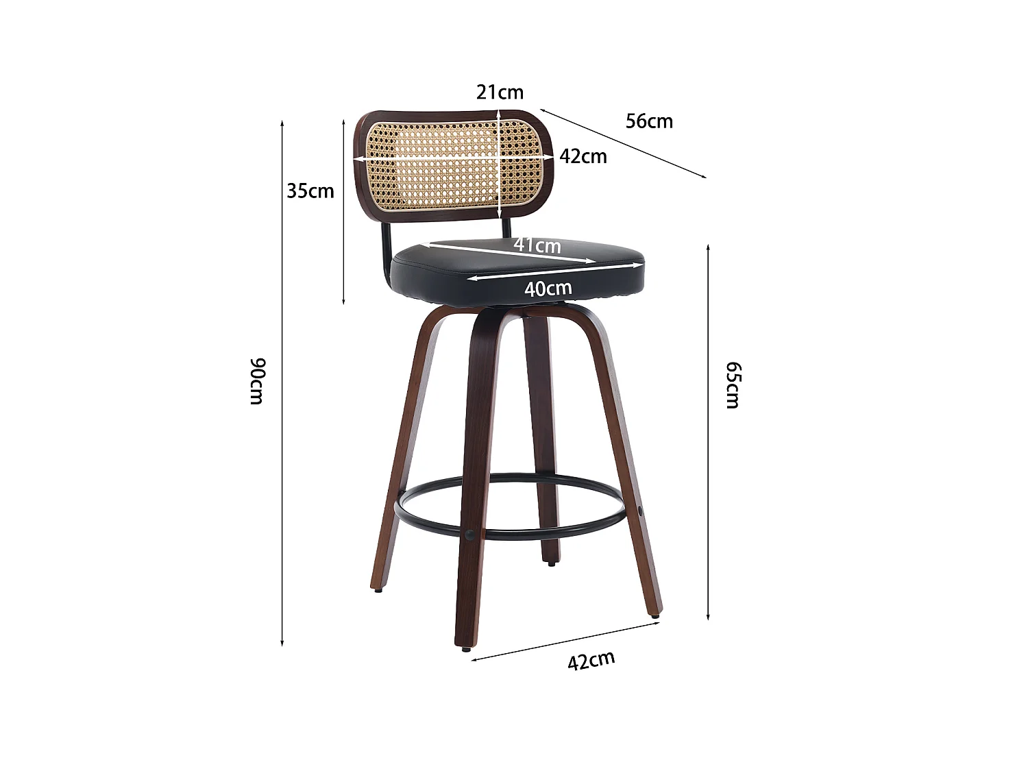 Lot de 2 tabourets de bar pivotant en assise PU noir - Dossier en canne et finitions en noyer