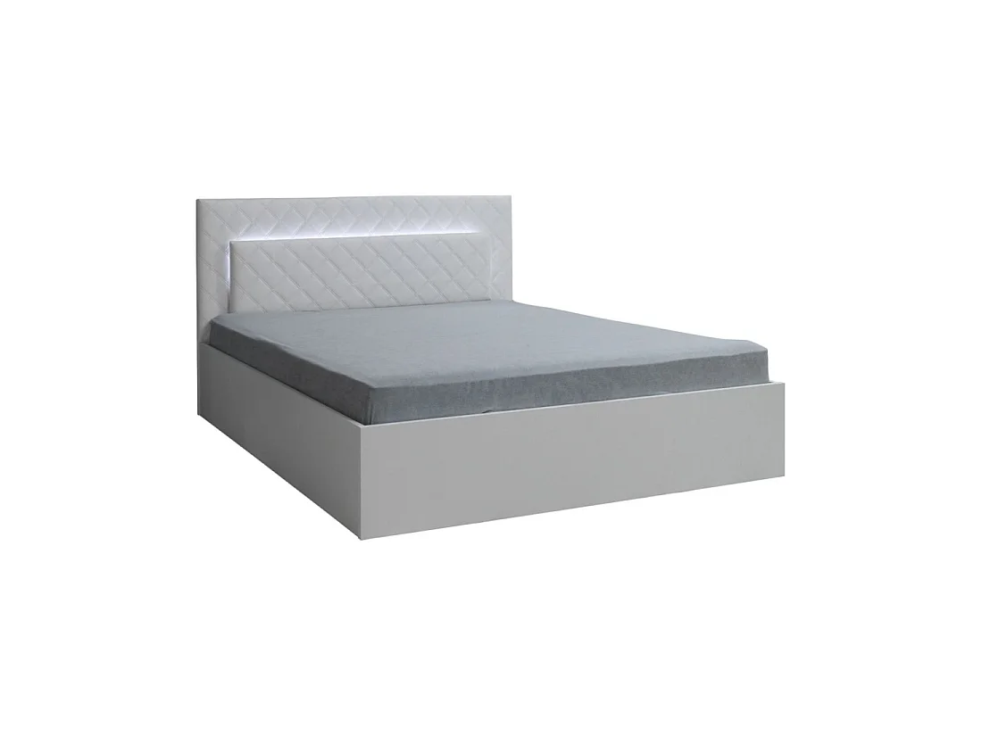 Chambre complète PANAREA avec lit coffre 160 x 200 cm, armoire LED, commode et chevets – Blanc brillant finition chrome