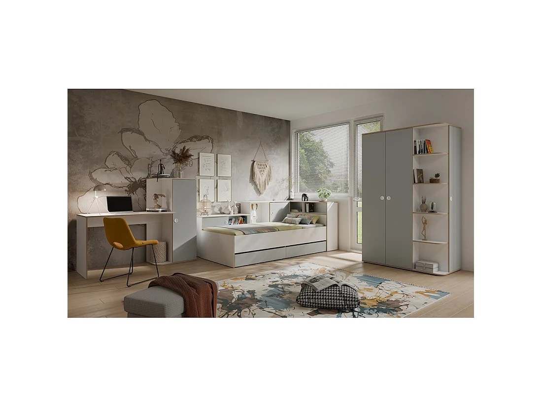 Chambre enfant complète ELYO – Bureau + Lit + Armoire avec bibliothèque