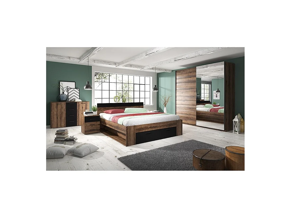 Ensemble Lit 160x200 plus Chevets collection EOS. Couleur chêne foncé et noir.