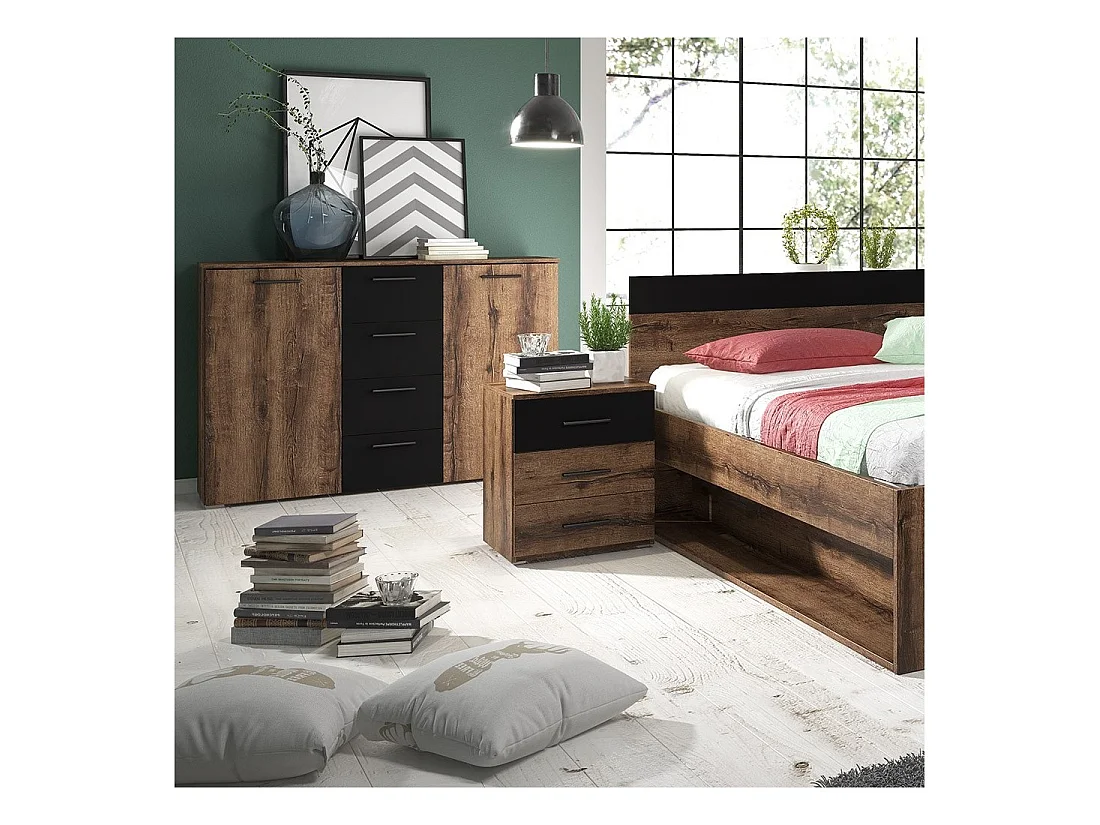 Ensemble Lit 160x200 plus Chevets collection EOS. Couleur chêne foncé et noir.