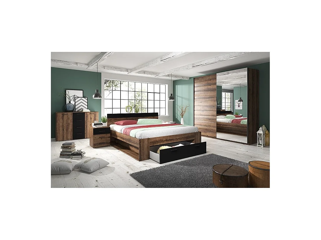 Ensemble Lit 160x200 plus Chevets collection EOS. Couleur chêne foncé et noir.