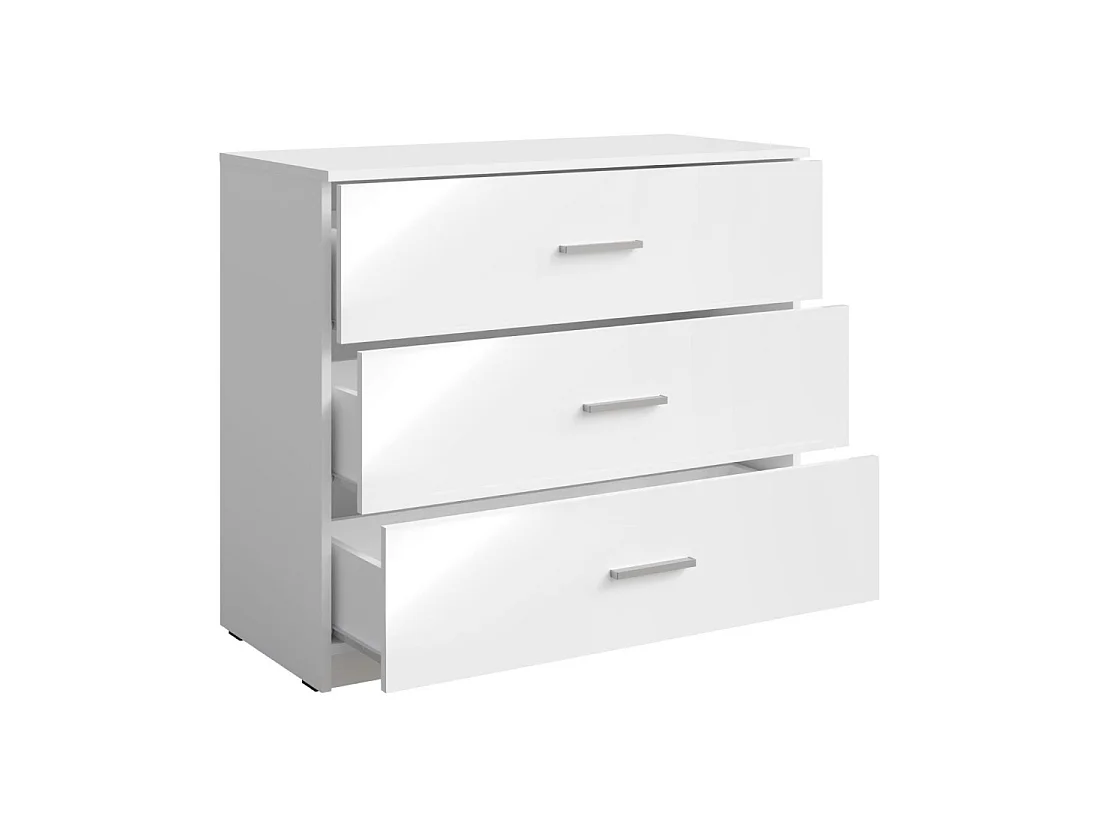 Chambre complète PANAREA avec lit coffre 180 x 200 cm, armoire LED, commode et chevets – Blanc brillant finition chrome