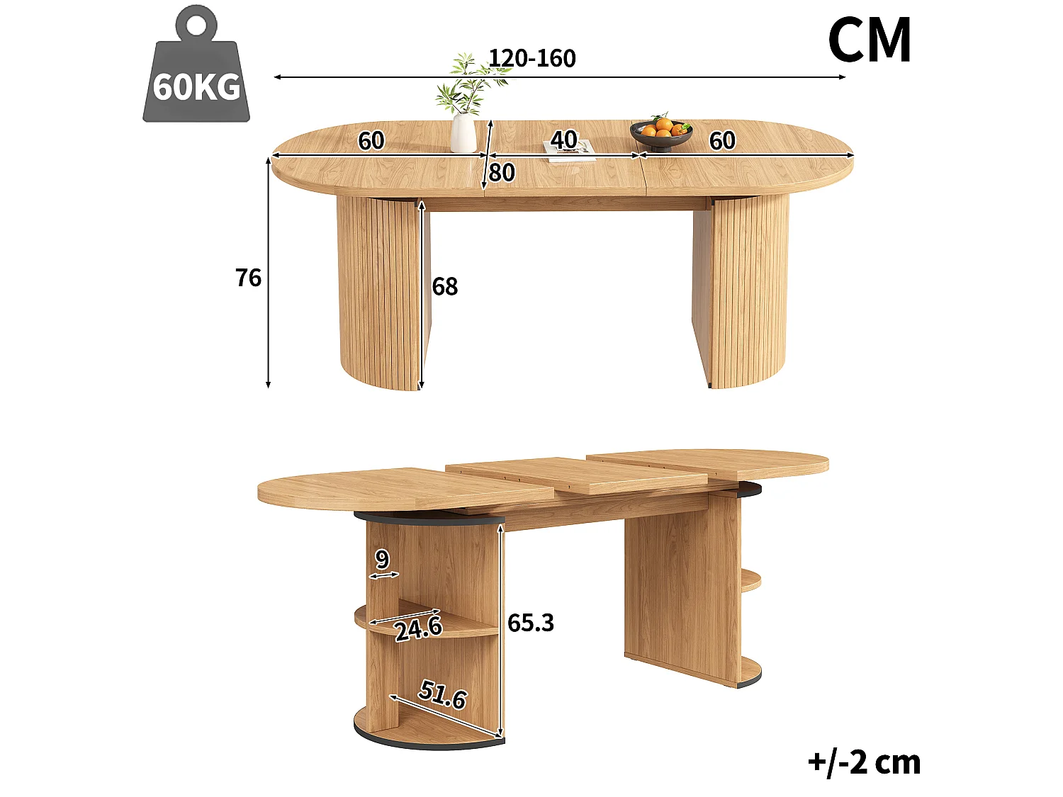 Uitschuifbare eettafel 120-160x80 cm - met verborgen opbergruimte - verdikt tafelblad - Naturel