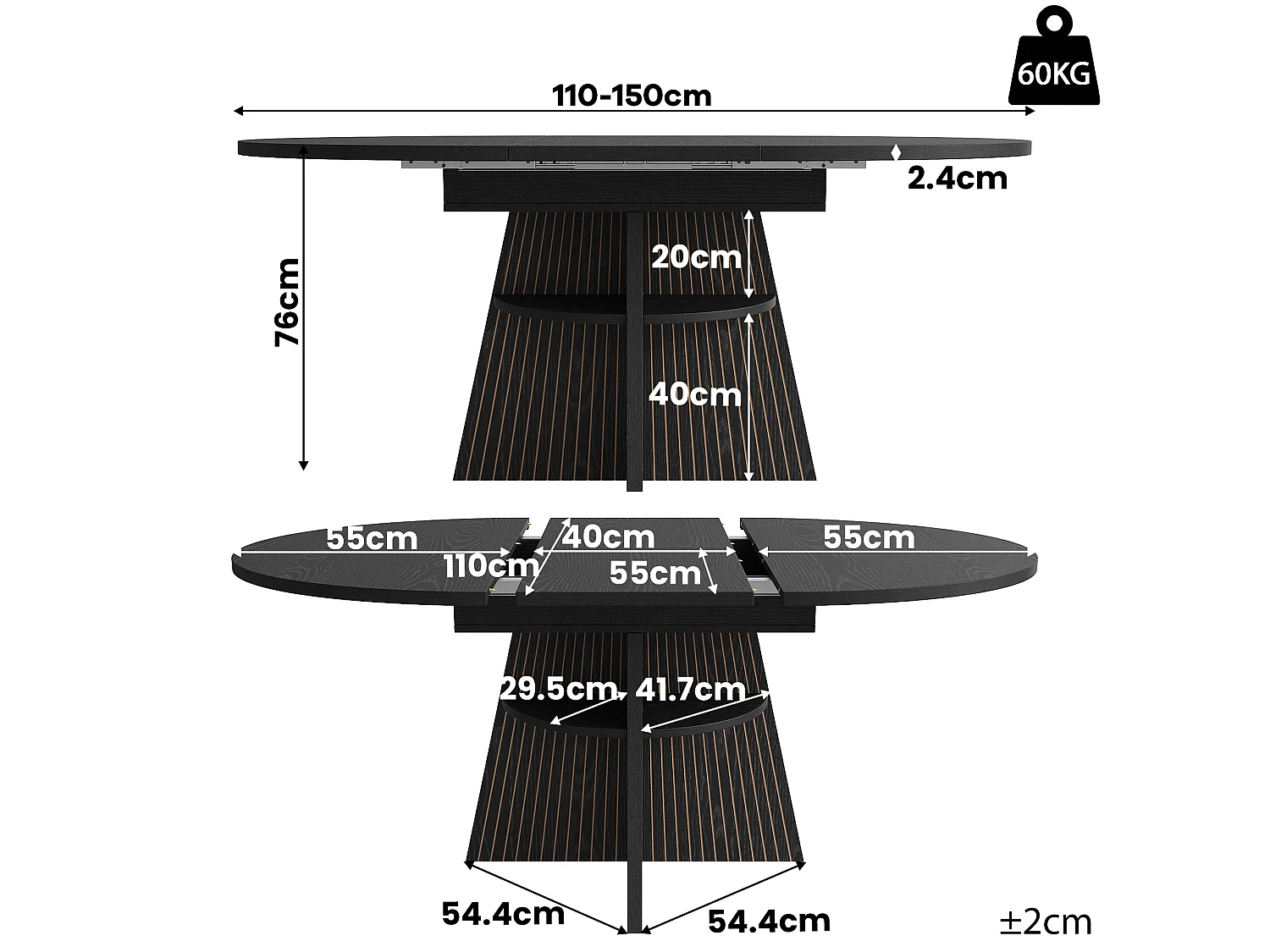 Runder ausziehbarer Esstisch oval 110-150 cm - offener Stauraum - verdickte Tischplatte - Schwarz