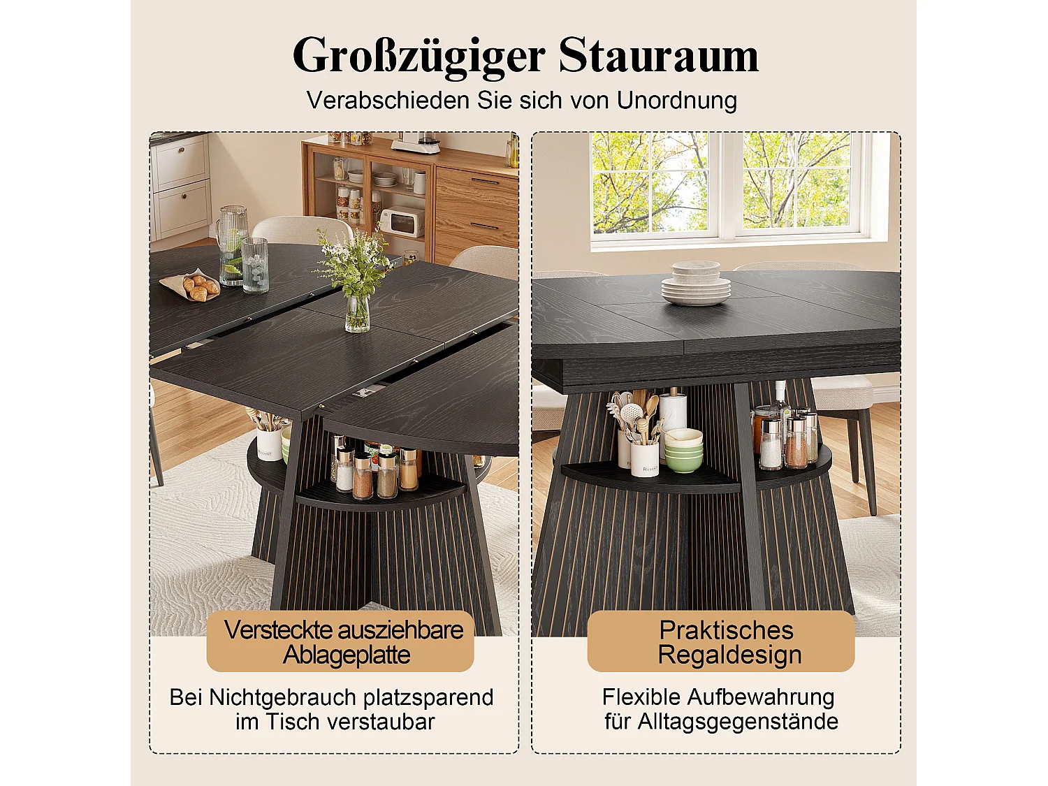 Runder ausziehbarer Esstisch oval 110-150 cm - offener Stauraum - verdickte Tischplatte - Schwarz