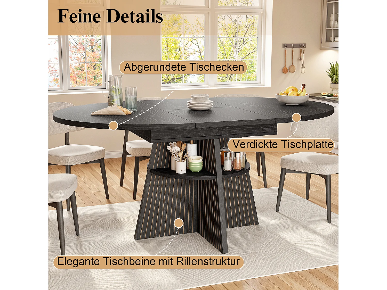 Runder ausziehbarer Esstisch oval 110-150 cm - offener Stauraum - verdickte Tischplatte - Schwarz