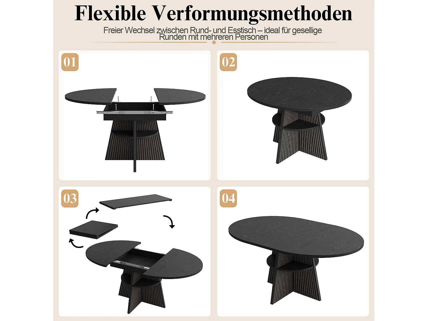 Runder ausziehbarer Esstisch oval 110-150 cm - offener Stauraum - verdickte Tischplatte - Schwarz