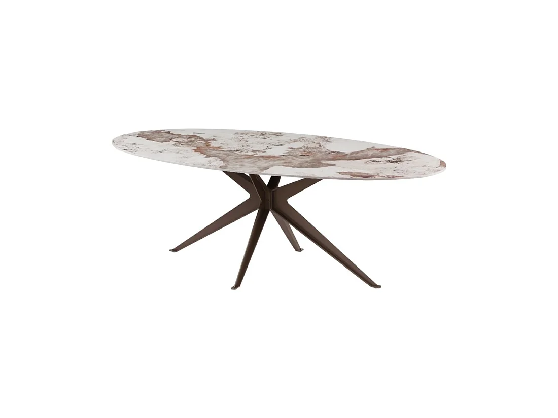 Mesa de comedor AVELIS ovalada 220 cm en cerámica efecto mármol blanco y metal bronce