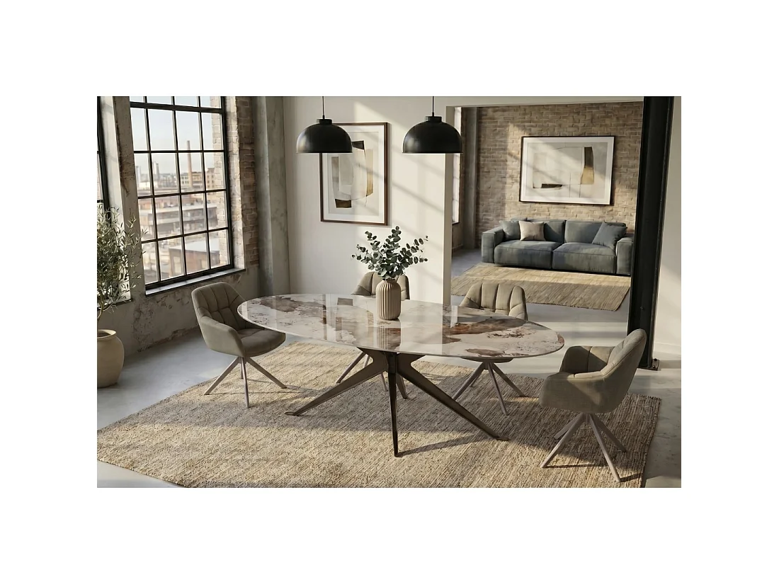 Mesa de comedor AVELIS ovalada 220 cm en cerámica efecto mármol blanco y metal bronce