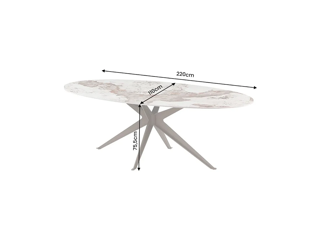 Mesa de comedor AVELIS ovalada 220 cm en cerámica efecto mármol blanco y metal bronce