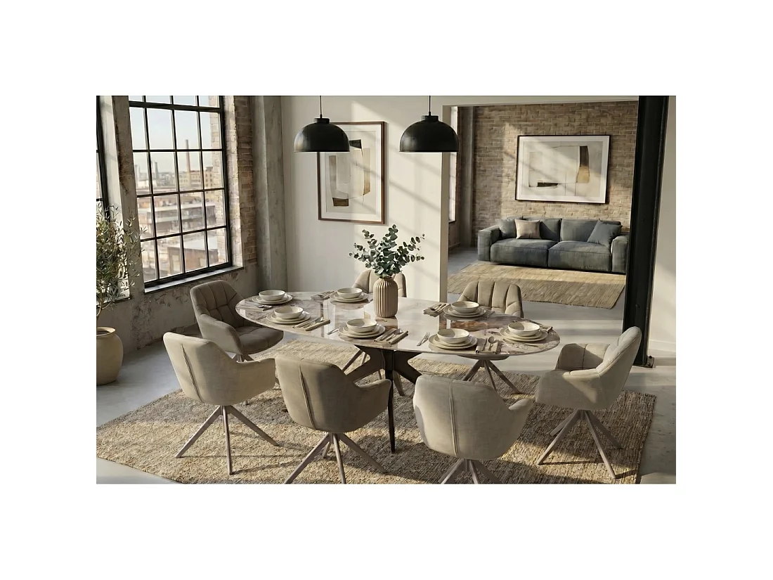 Mesa de comedor AVELIS ovalada 220 cm en cerámica efecto mármol blanco y metal bronce