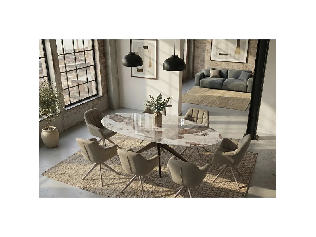 Mesa de comedor AVELIS ovalada 220 cm en cerámica efecto mármol blanco y metal bronce