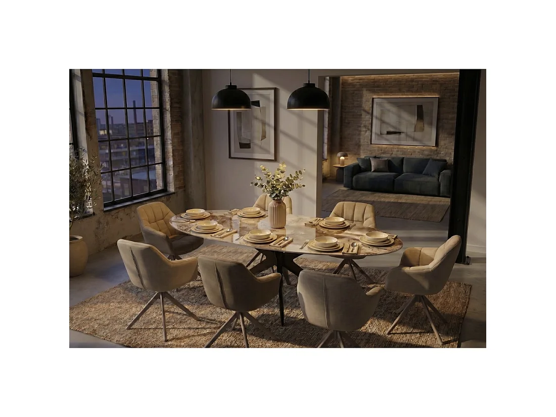 Mesa de comedor AVELIS ovalada 220 cm en cerámica efecto mármol blanco y metal bronce