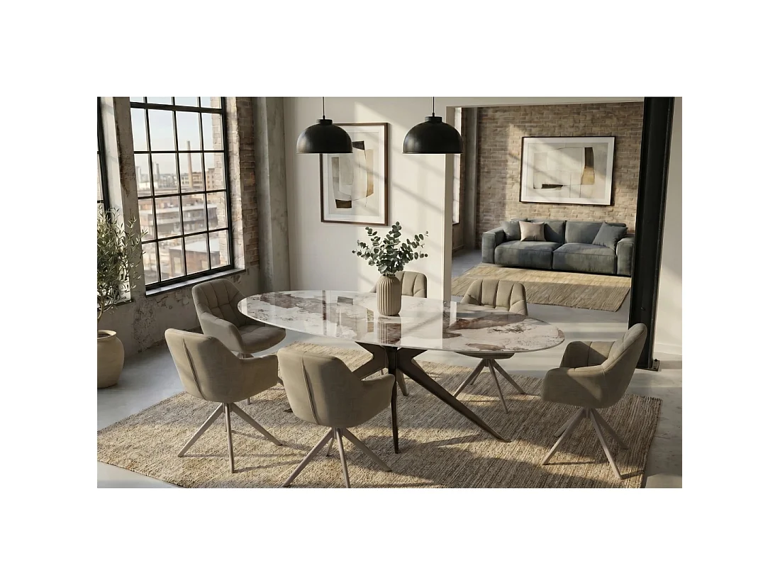 Mesa de comedor AVELIS ovalada 220 cm en cerámica efecto mármol blanco y metal bronce
