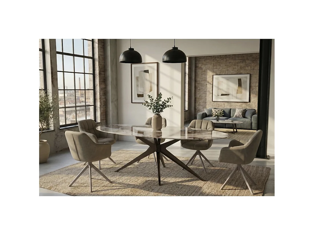 Mesa de comedor AVELIS ovalada 220 cm en cerámica efecto mármol blanco y metal bronce